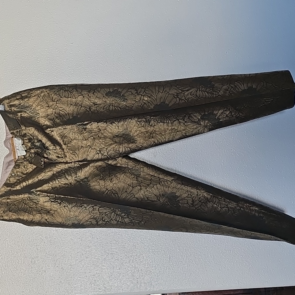 ELEVENSES ANTHROPOLOGIE Women's 6  Pants Gold Jacquard Brocade Crop Ankle Lined